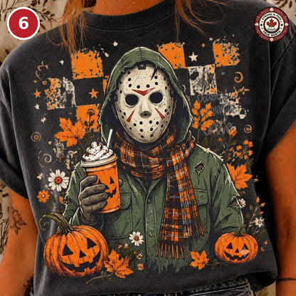 Design 6 hockey-mask horror character with pumpkin coffee DTF transfer