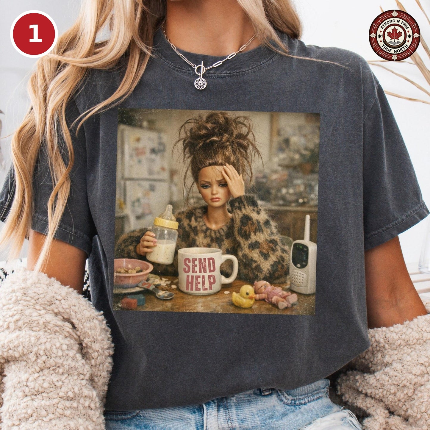 Design 1 Motherhood Send Help funny retro doll DTF transfer