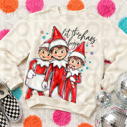 Let the Chaos Begin Christmas Elf Friends printed garment design preview