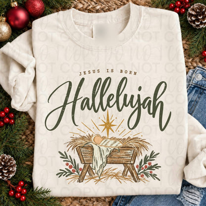 Jesus Is Born Hallelujah Rustic Nativity printed garment design preview