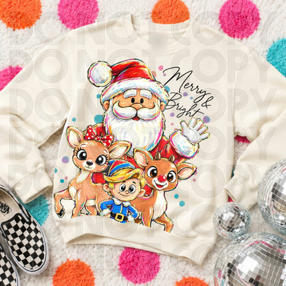 Merry Christmas Santa with Cute Reindeer Friends printed garment design preview
