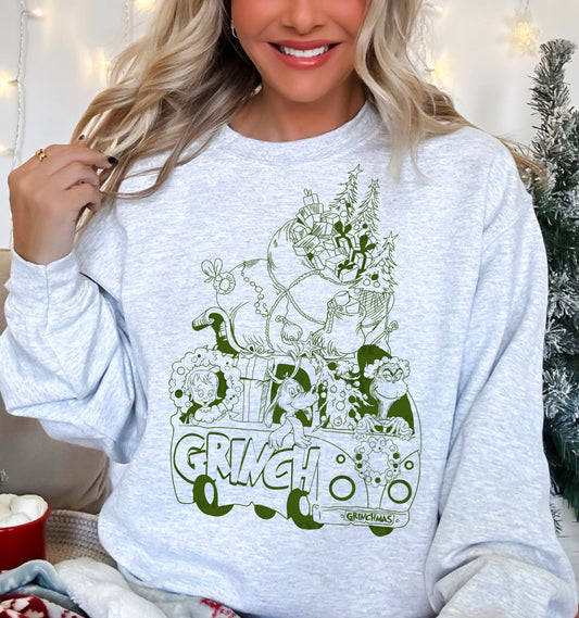 Grinchh Christmas Sleigh – Single Colour Green DTF transfer shown on a garment