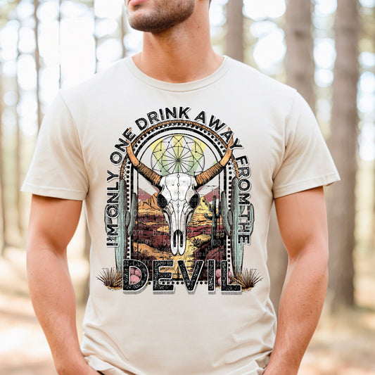 One Drink Away from the Devil – Western Longhorn Skull DTF transfer shown on a garment