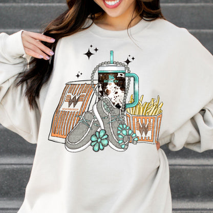 Fast Food, Cow Print Tumbler and Sneakers DTF transfer shown on a garment
