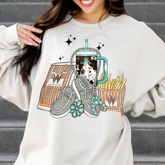 Fast Food, Cow Print Tumbler and Sneakers DTF transfer shown on a garment