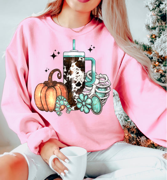 Fall Pumpkin, Cow Print Tumbler and Sneakers DTF transfer shown on a garment