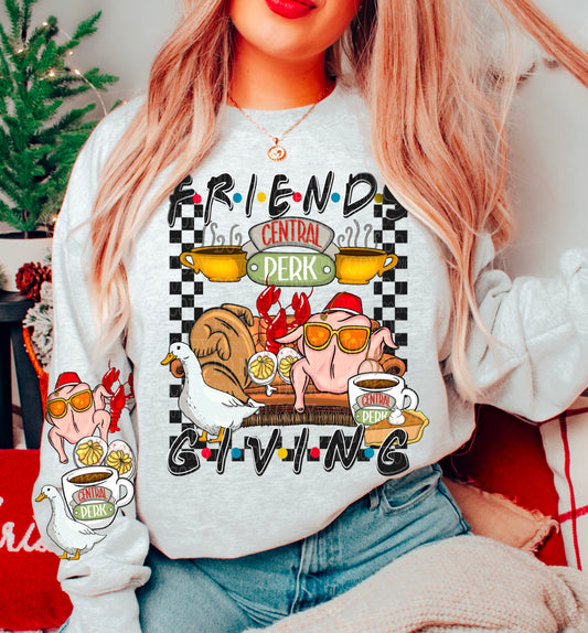 Friendsgiving – Turkey and Sofa Thanksgiving Collage DTF transfer shown on a garment
