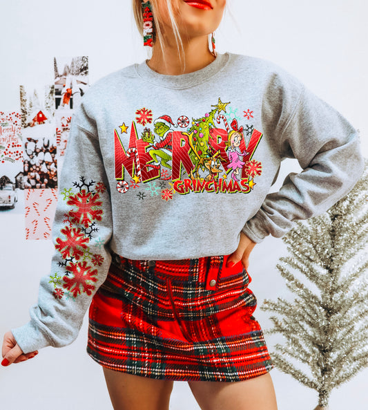 Merry Grinchhmas – Red Lettering – Design 02 DTF transfer shown on a garment; sleeve transfer sold separately