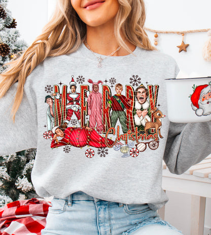 Merry Christmas Movie Characters – Red Plaid Accent – Design 08 DTF transfer shown on a garment