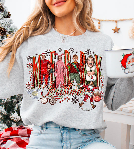 Merry Christmas Movie Characters – Script Lettering – Design 09 DTF transfer shown on a garment