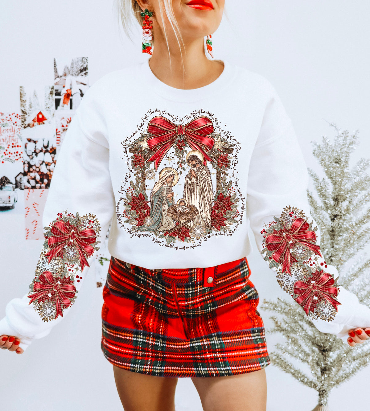 Noel Nativity and Red Bow – Text Border – Design 10 DTF transfer shown on a garment; sleeve transfer sold separately