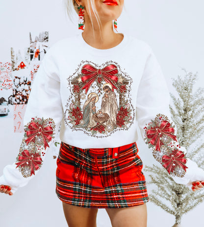 Noel Nativity and Red Bow – Text Border – Design 10 DTF transfer shown on a garment; sleeve transfer sold separately