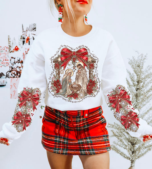 Noel Nativity and Red Bow – Text Border – Design 10 DTF transfer shown on a garment; sleeve transfer sold separately