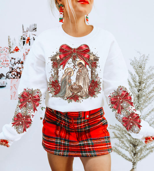 Noel Nativity and Red Bow – Without Text Border – Design 16 DTF transfer shown on a garment; sleeve transfer sold separately