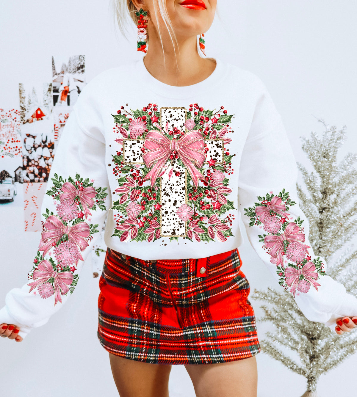 Christmas Cross with Pink Bow and Florals – Design 17 DTF transfer shown on a garment; sleeve transfer sold separately