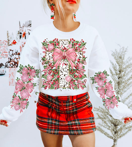 Christmas Cross with Pink Bow and Florals – Design 17 DTF transfer shown on a garment; sleeve transfer sold separately