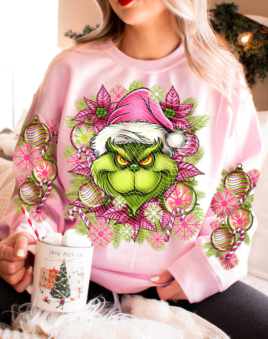 Grinchh Face with Pink Santa Hat and Ornaments – Design 18 DTF transfer shown on a garment; sleeve transfer sold separately
