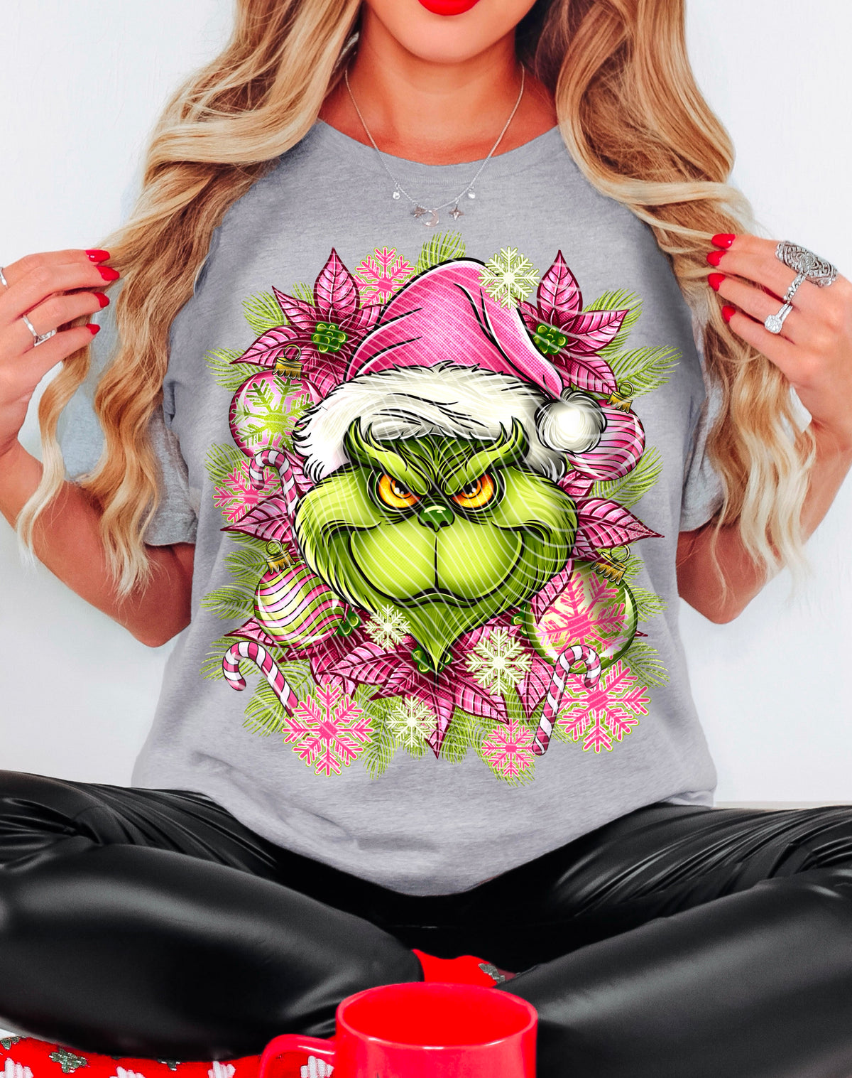 Grinchh Face with Pink Santa Hat and Ornaments – Design 19 DTF transfer shown on a garment