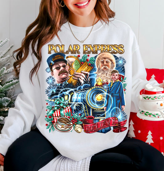 Polar Expresss – Gold Title and Christmas Train – Design 24 DTF transfer shown on a garment