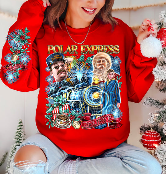 Polar Expresss – Gold Title and Christmas Train – Design 25 DTF transfer shown on a garment; sleeve transfer sold separately