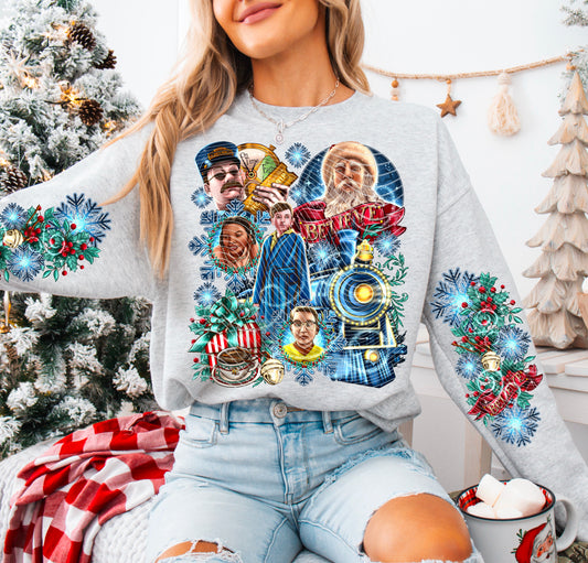 Believe Christmas Train – Character Collage – Design 27 DTF transfer shown on a garment; sleeve transfer sold separately
