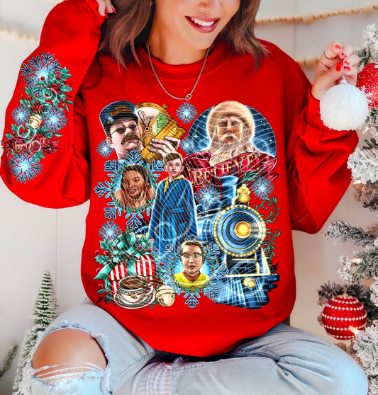 Believe Christmas Train – Character Collage – Design 29 DTF transfer shown on a garment; sleeve transfer sold separately