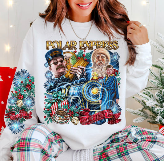 Polar Expresss – Gold Title and Christmas Train – Design 30 DTF transfer shown on a garment; sleeve transfer sold separately