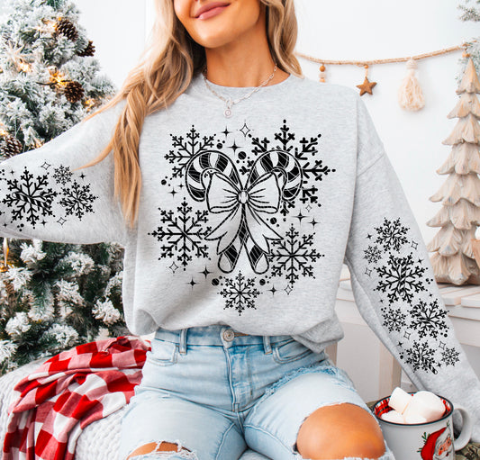 Black Candy Canes, Bow and Snowflakes – Design 31 DTF transfer shown on a garment; sleeve transfer sold separately