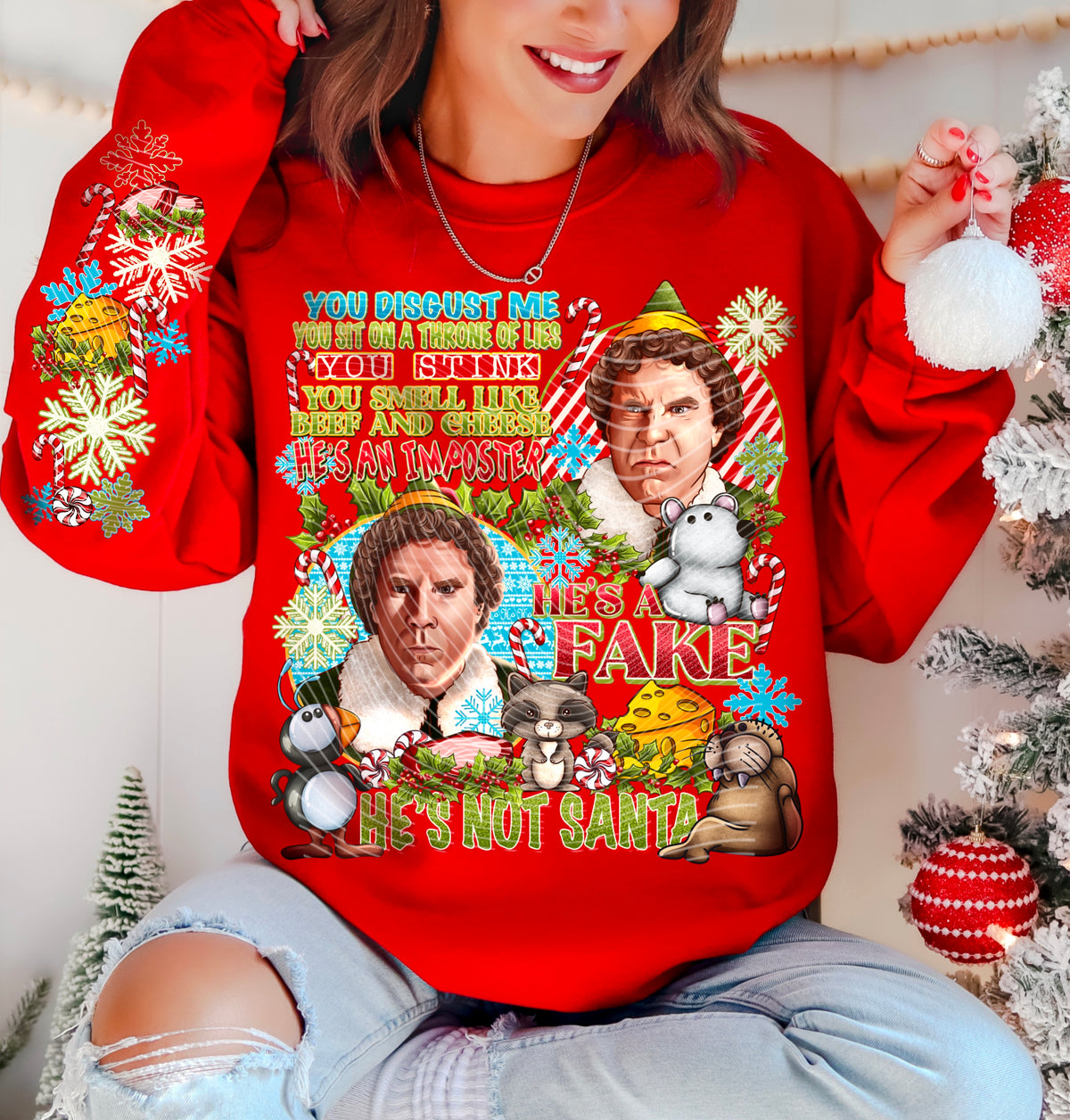 Elff Christmas – You Stink Character Collage – Design 36 DTF transfer shown on a garment; sleeve transfer sold separately