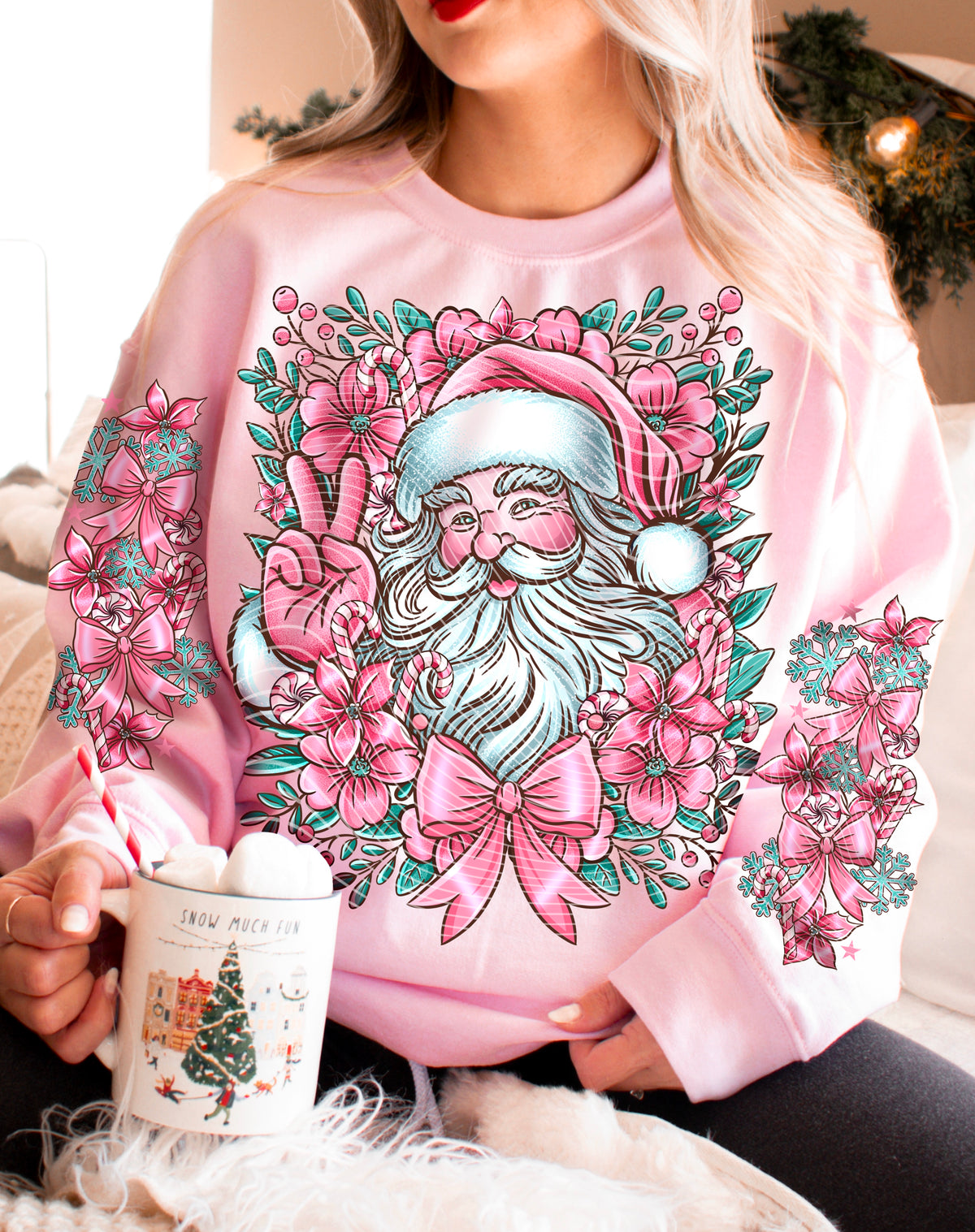 Pink Santa Peace Sign and Floral Bow – Design 55 DTF transfer shown on a garment; sleeve transfer sold separately