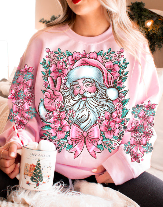 Pink Santa Peace Sign and Floral Bow – Design 55 DTF transfer shown on a garment; sleeve transfer sold separately