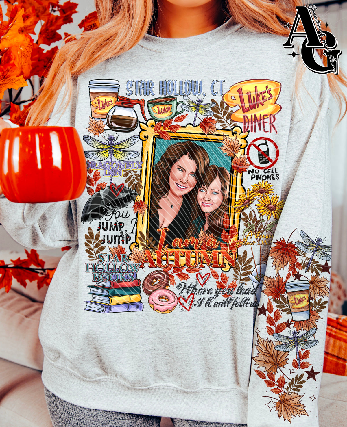 Gilmoree Girls – Luke's Diner Autumn Collage – Design 60 DTF transfer shown on a garment; sleeve transfer sold separately