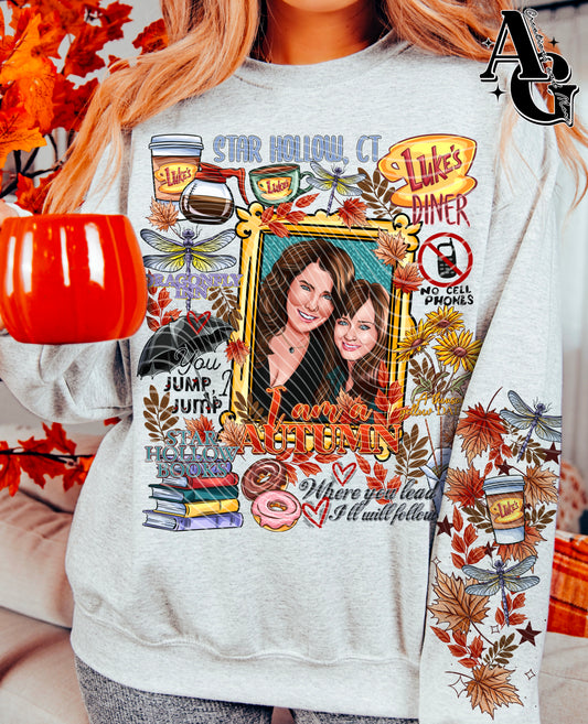 Gilmoree Girls – Luke's Diner Autumn Collage – Design 60 DTF transfer shown on a garment; sleeve transfer sold separately