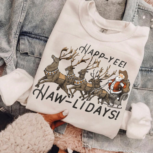 Happy Yee Haw-Lidays – Santa and Reindeer Sleigh printed garment design preview