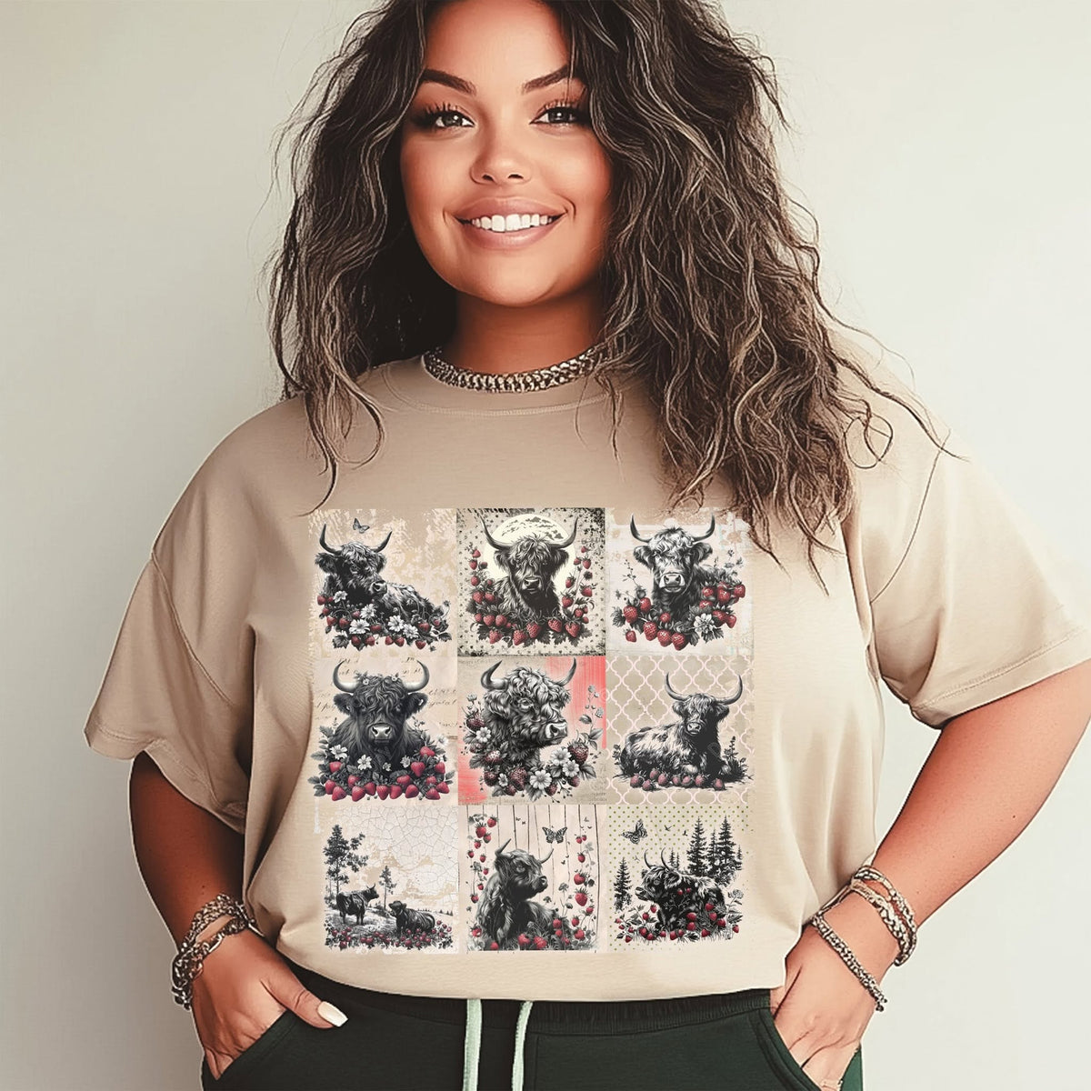 Highland Cows and Strawberries – Patchwork Collage printed garment design preview