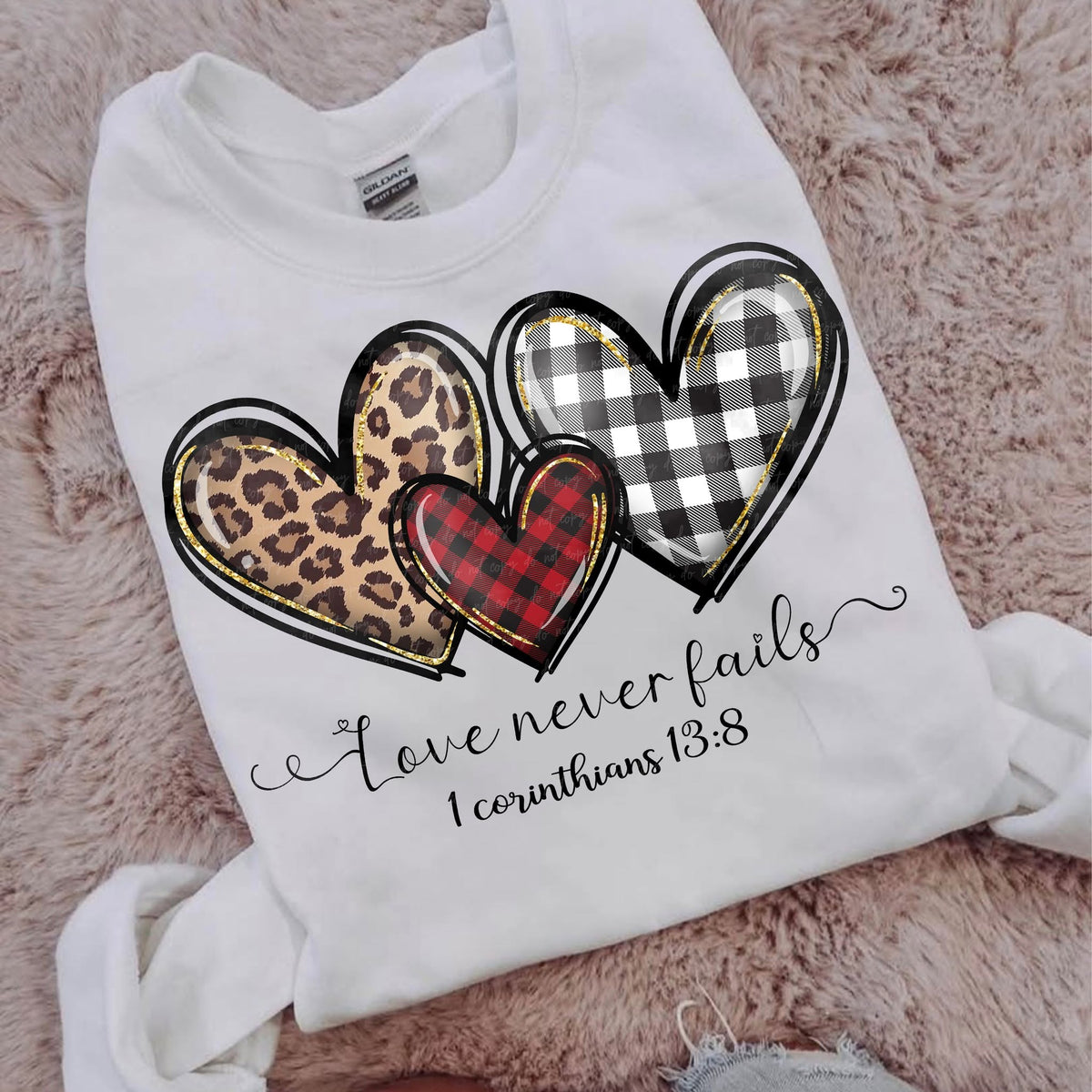 Love Never Fails – Plaid and Leopard Hearts printed garment design preview