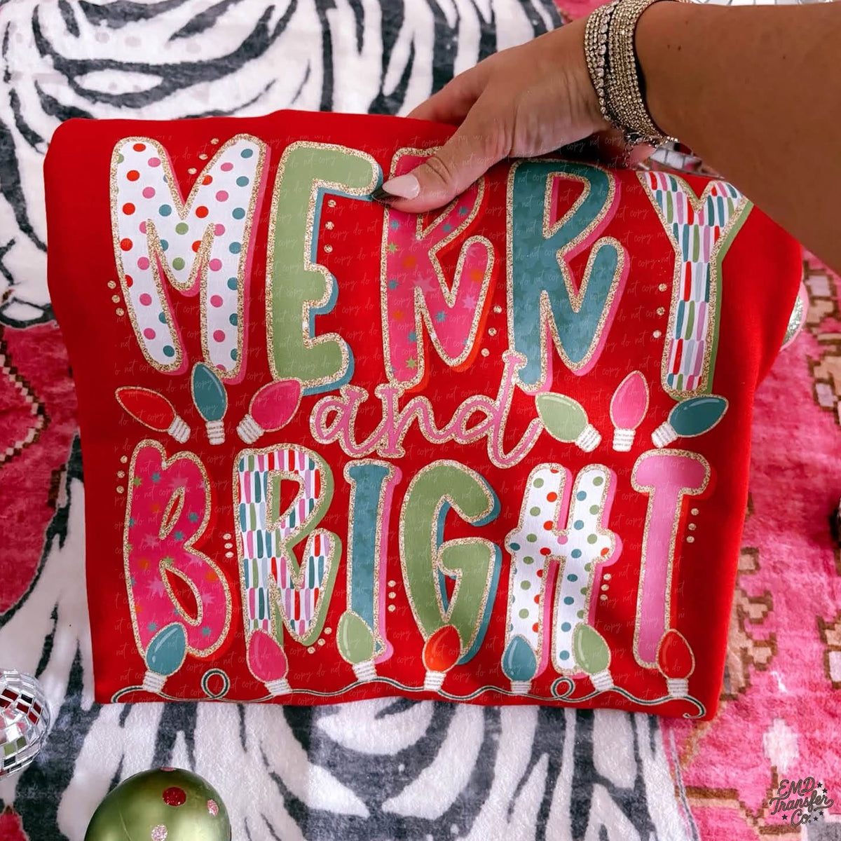 Merry and Bright – Colourful Christmas Lettering printed garment design preview