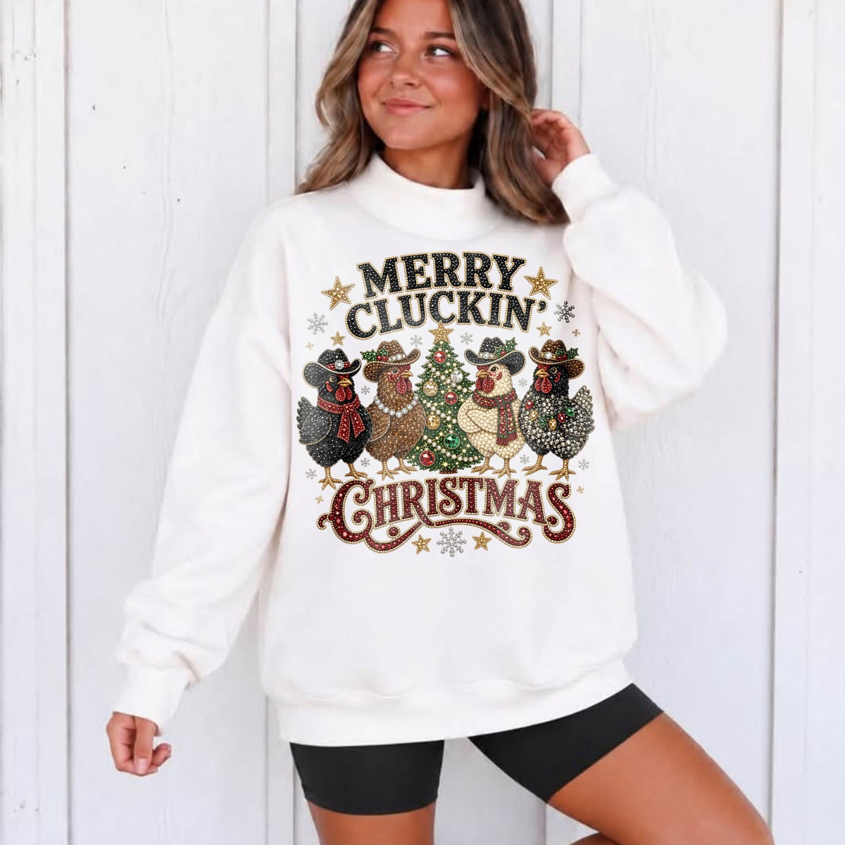 Merry Cluckin' Christmas Chickens printed garment design preview