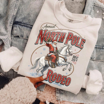 North Pole Rodeo – Santa on a White Horse printed garment design preview