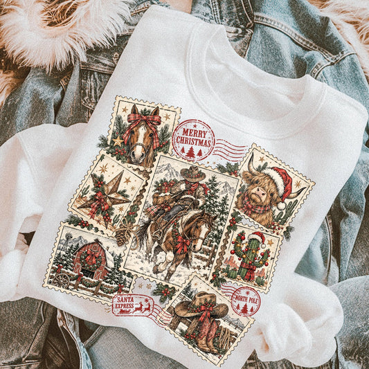 Western Christmas Postage Stamp Collage printed garment design preview