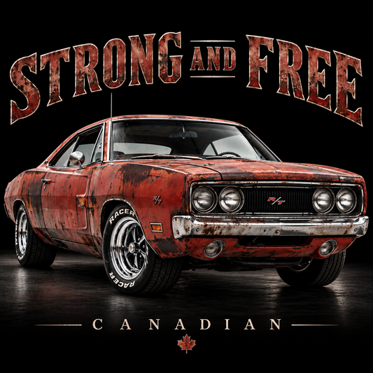 Strong and Free red patina R/T muscle car Canadian artwork