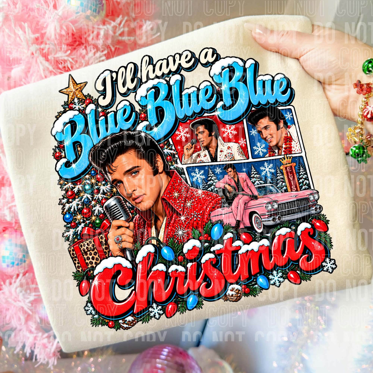 Blue Blue Christmas Retro Music Collage transfer artwork shown on example garment
