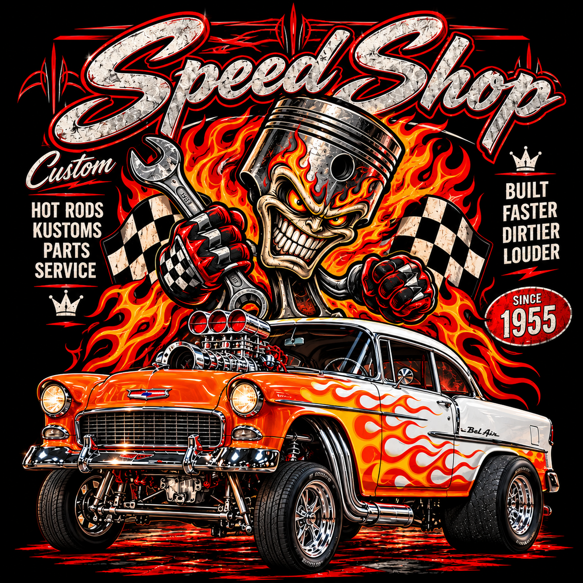 Speed Shop Piston and 1955 Bel Air halftone DTF transfer for dark garments only