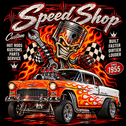 Printed Halftone – Speed Shop Piston and 1955 Bel Air – Dark Garments Only