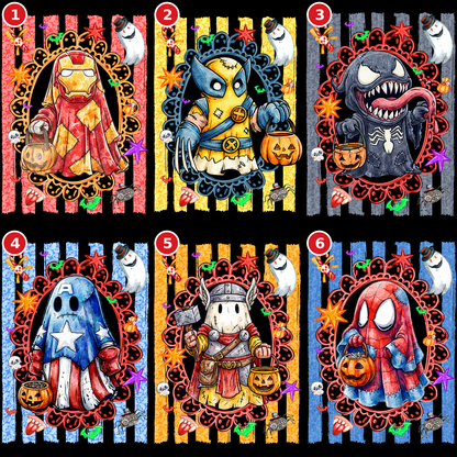 Spooky Halloween ghost hero DTF transfer designs 1 through 6