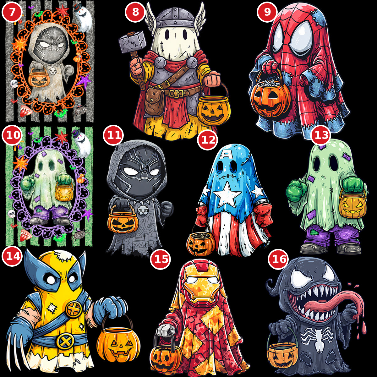 Spooky Halloween ghost hero DTF transfer designs 7 through 16
