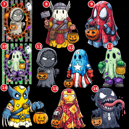 Spooky Halloween ghost hero DTF transfer designs 7 through 16