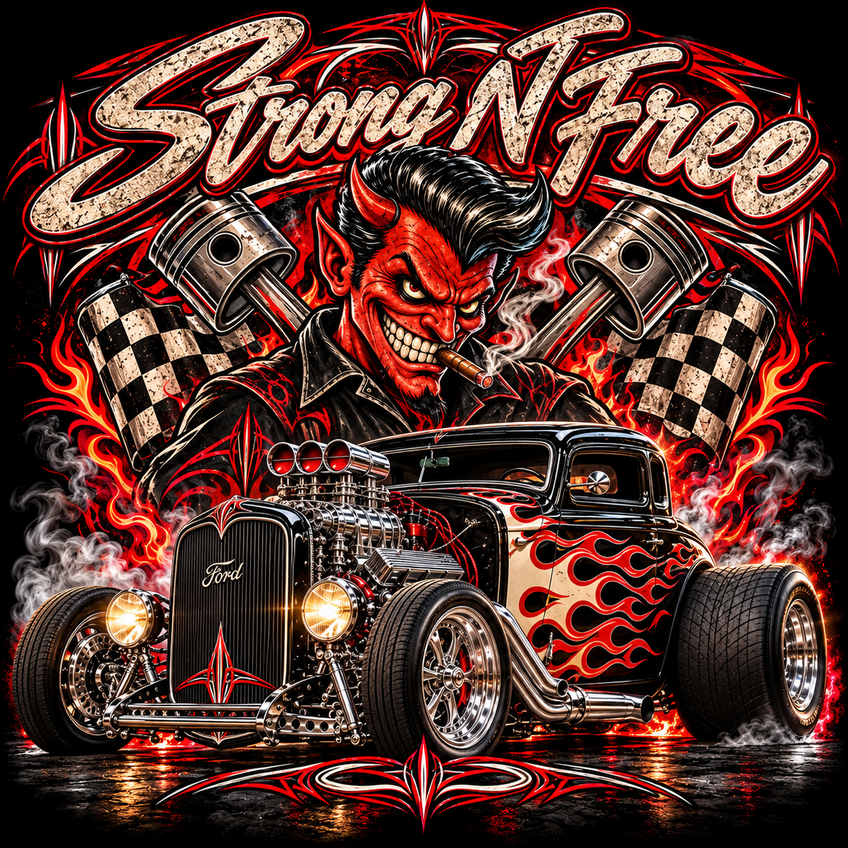 Strong N Free Devil and Flame Hot Rod halftone DTF transfer for dark garments only