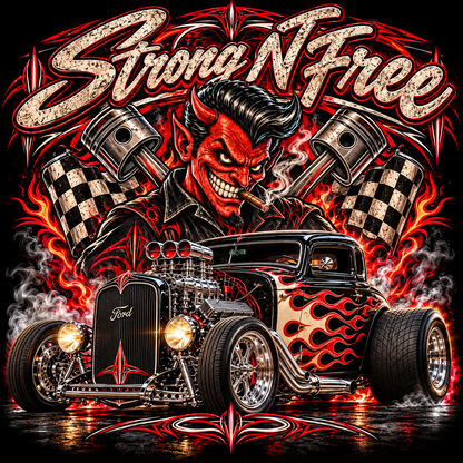 Printed Halftone – Strong N Free Devil and Flame Hot Rod – Dark Garments Only