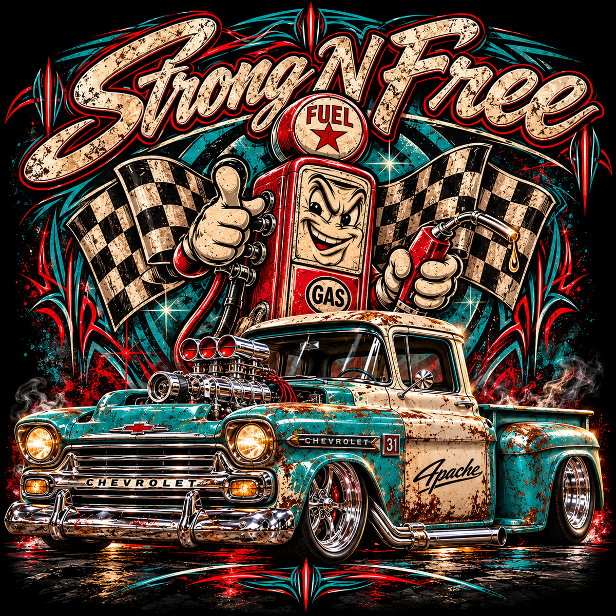 Strong N Free Gas Pump Chevrolet Apache halftone DTF transfer for dark garments only